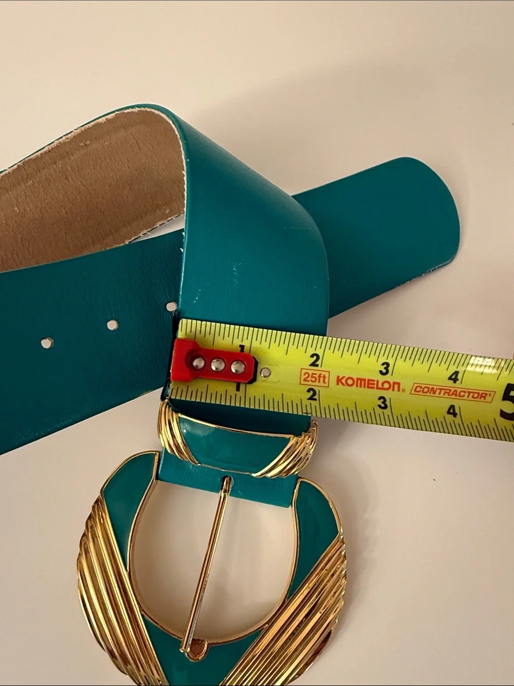 St. John blue green 2” wide Leather Belt Enamel VINTAGE Gold 9576 sz 2 80s power - Picture 7 of 8